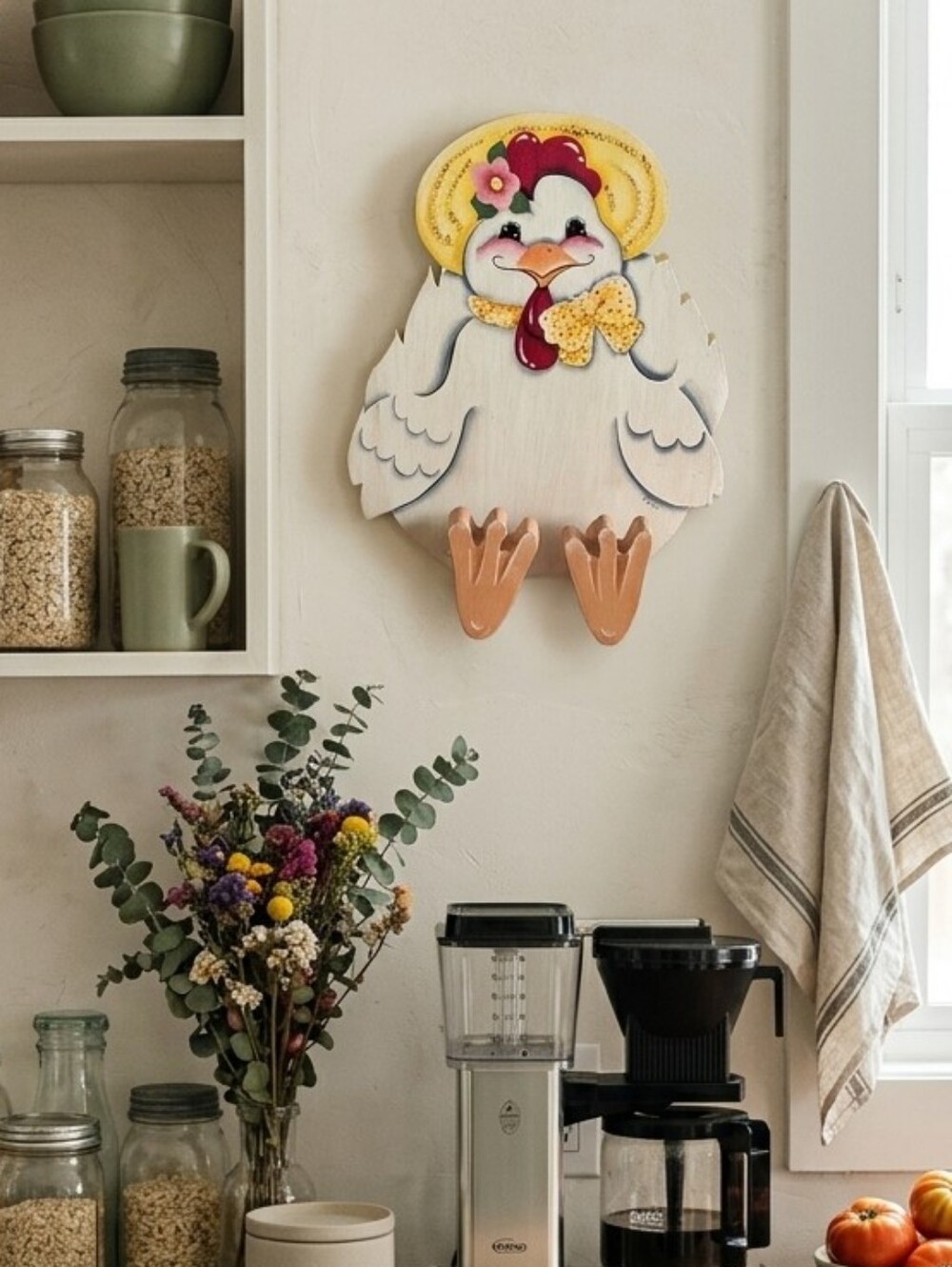 VTG Hand Painted Wooden Hen Wall Hanging Shelf Sitter Chicken Decor